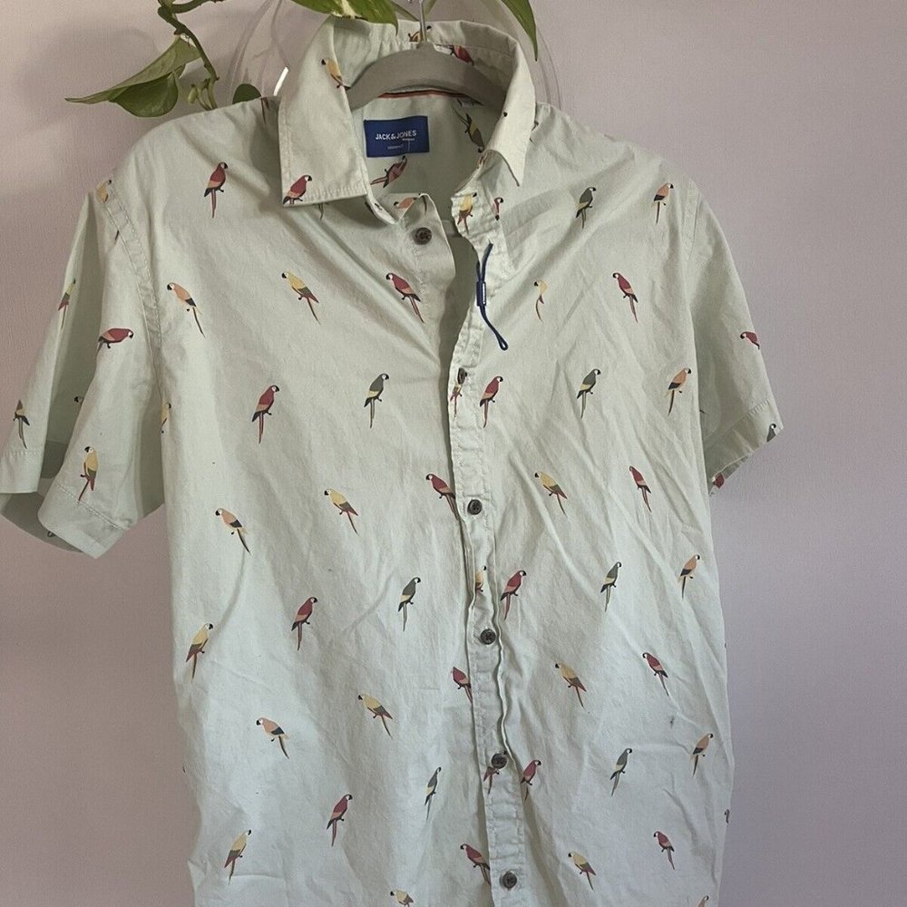 Jack & Jones Hawaiian Jimmy Buffet Parrots Button Down Men’s Shirt Large